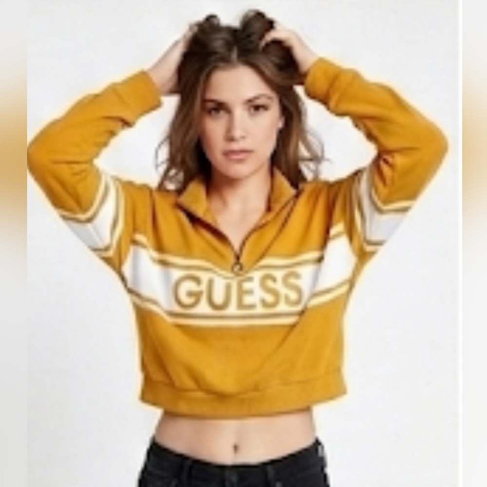 Guess Mustard Yellow & White Cropped Quarter-Zip Pullover size:L